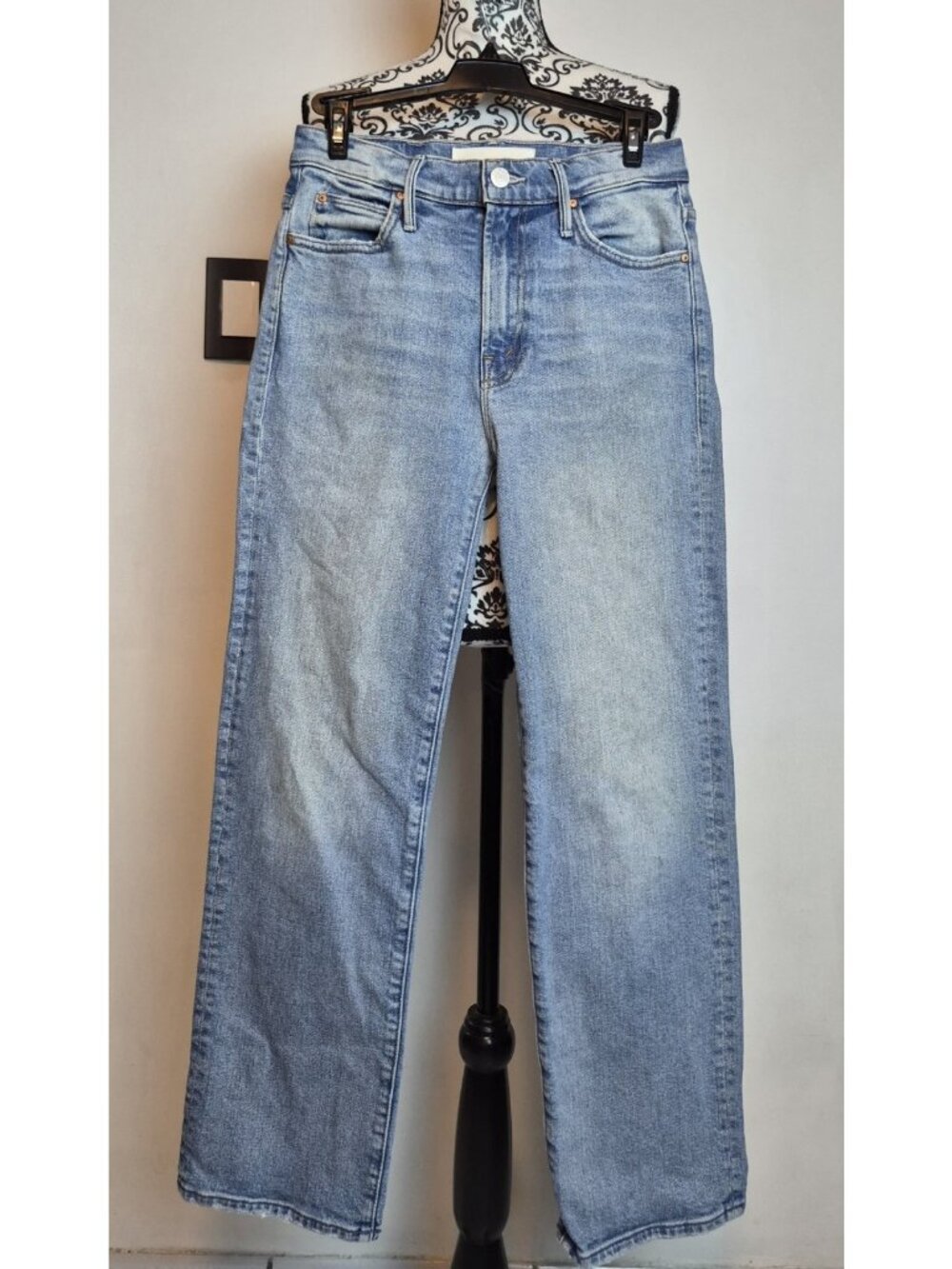 Mother Superior Women's Straight Leg Jeans Light Wash Raw Hem Distressed